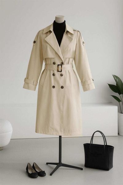 Apoletli Tokalı Altı Düğmeli Parçalı Trençkot Taş