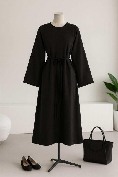 Kolu Armalı İnce Kuşaklı Selanik Elbise Antrasit