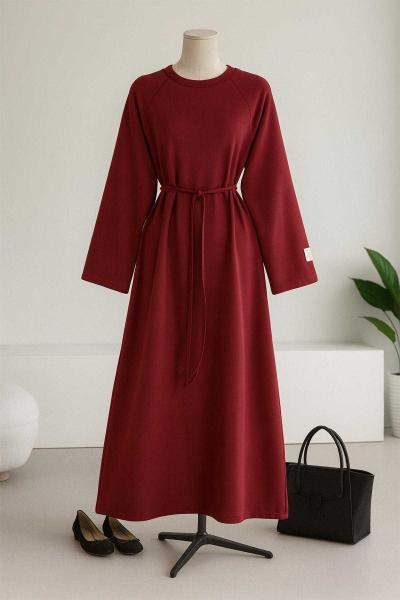 Kolu Armalı İnce Kuşaklı Selanik Elbise Bordo