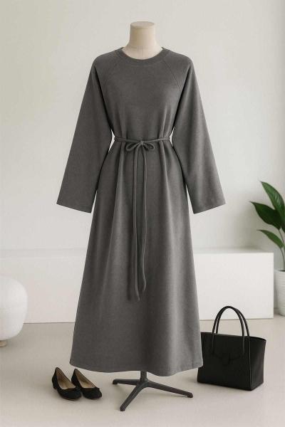 Kolu Armalı İnce Kuşaklı Selanik Elbise Füme