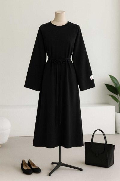Kolu Armalı İnce Kuşaklı Selanik Elbise Siyah
