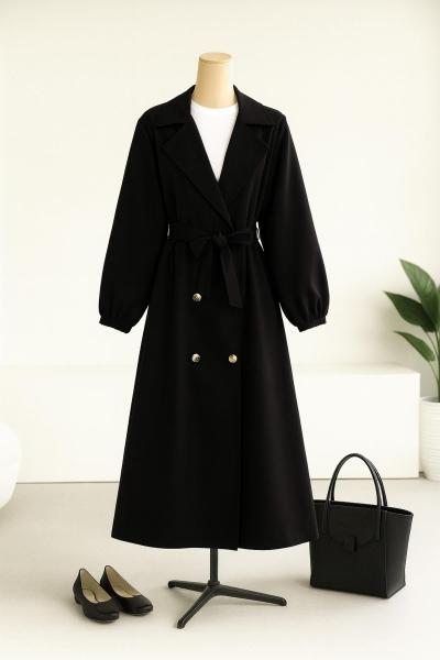 Kol Uçları Lastikli Altı Düğmeli Kuşaklı Trençkot Siyah