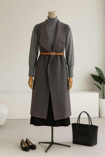 Büyük Yakalı Kemerli Uzun Buklet Yelek Füme