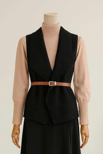 Büyük Yakalı Kemerli Kısa Buklet Yelek Siyah