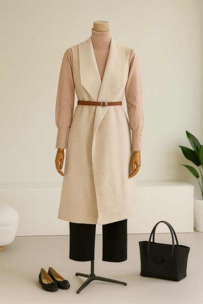 Büyük Yakalı Kemerli Uzun Buklet Yelek Taş