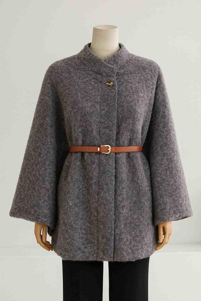 Deri Kemerli Oversıze Yünlü Kaşe Panço Antrasit