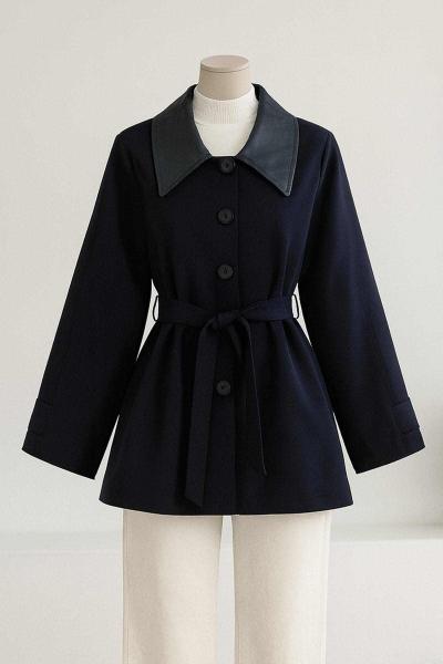 Yakası Deri Garnili Kuşaklı Trençkot Lacivert