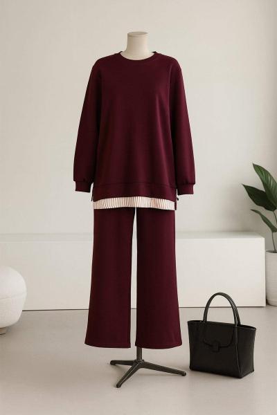 Çizgili Garnili Pantolonlu Oysho Takım Bordo