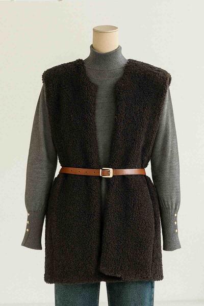 Deri Kemerli Peluş Yelek Füme