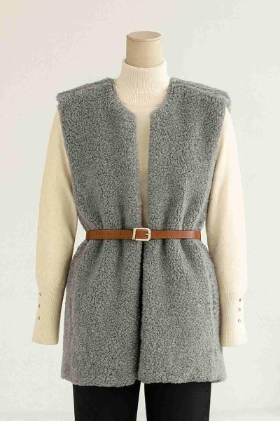 Deri Kemerli Peluş Yelek Gri