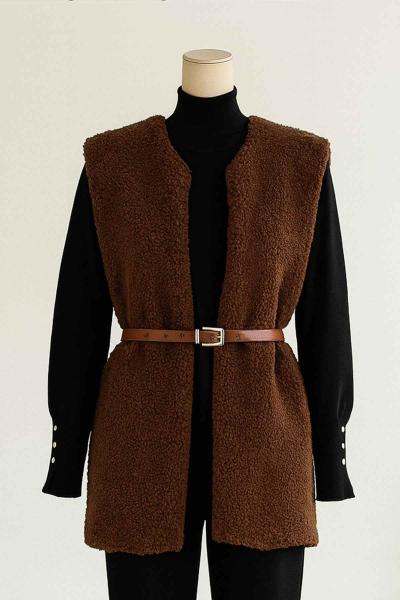 Deri Kemerli Peluş Yelek Kahve