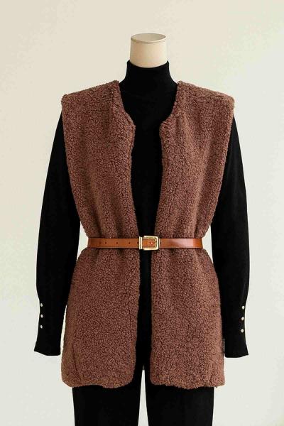 Deri Kemerli Peluş Yelek Sütlü Kahve