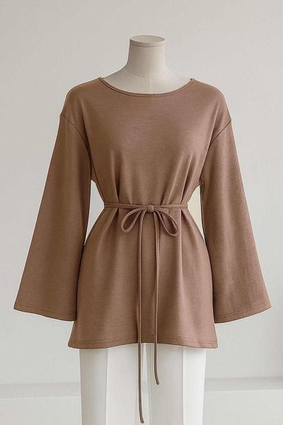Sıfır Yaka Kuşaklı Bol Kollu Viskon Tunik Sütlü Kahve
