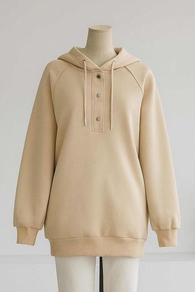 Kapşonlu Çtçıtlı Salaş Dikişli Üç İplik Sweat Bej