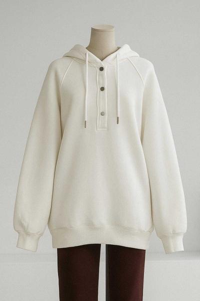 Kapşonlu Çtçıtlı Salaş Dikişli Üç İplik Sweat Ekru