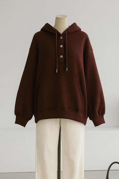 Kapşonlu Çtçıtlı Salaş Üç İplik Sweat Kahve