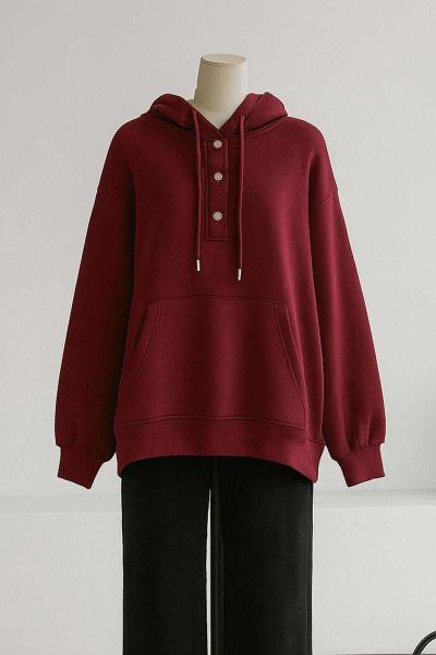 Kapşonlu Çtçıtlı Salaş Üç İplik Sweat Mürdüm