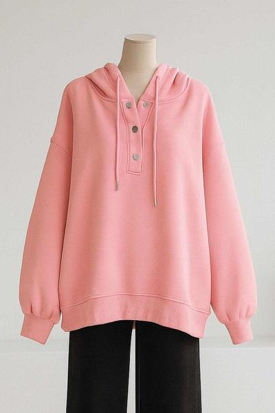 Kapşonlu Çtçıtlı Salaş Üç İplik Sweat Pembe