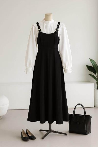 Kuşgözlü Askılı Tokalı Tencel Jile Siyah