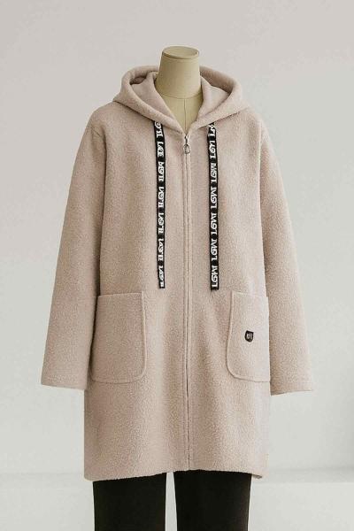 Kapşonlu Çift Cepli Armalı Buklet Oversıze Uzun Ceket Taş