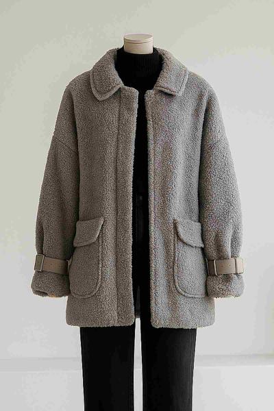 Oversıze Kolları Deri Kemerli Çift Cepli Peluş Mont Antrasit