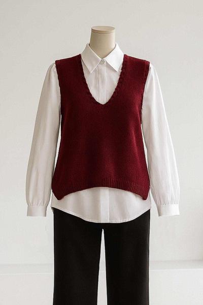 V Yaka Saç Örgü Şeritli Triko Süveter Bordo