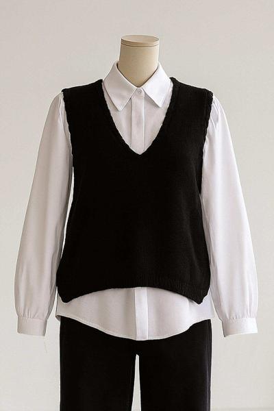 V Yaka Saç Örgü Şeritli Triko Süveter Siyah