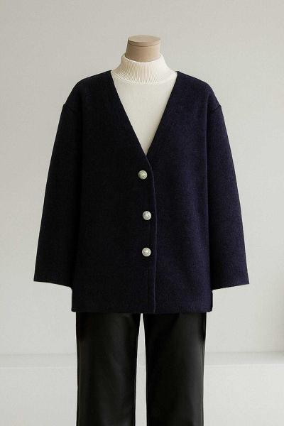 Asimetrik Üç Düğmeli Yünlü Kaşe Ceket Lacivert