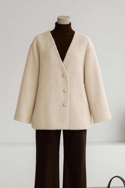 Asimetrik Üç Düğmeli Yünlü Kaşe Ceket Taş