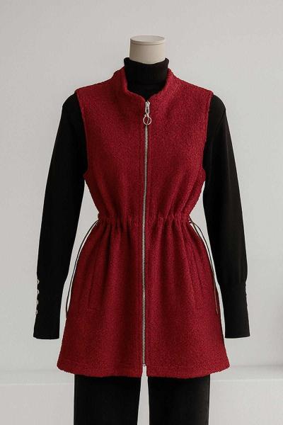 Fermuarlı Çift Cepli Beli Lastikli Buklet Yelek Bordo