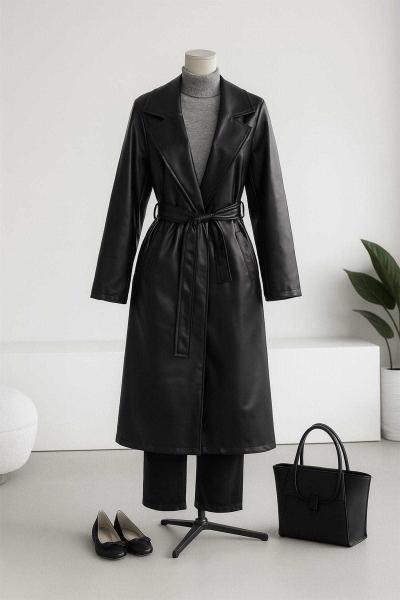Tek Düğmeli Kuşaklı Deri Trençkot Siyah