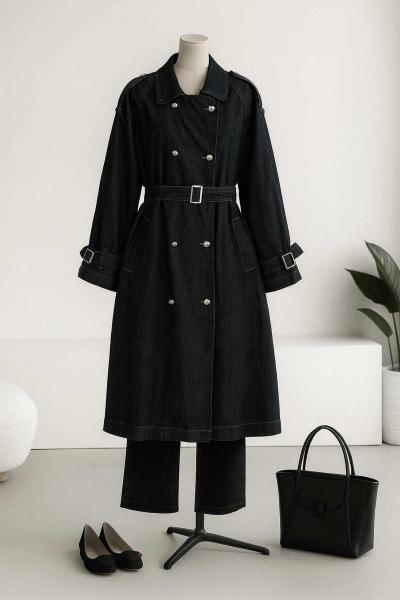 Kemerli Uzun Kot Trençkot Lacivert