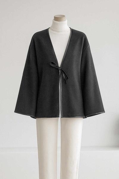 Deri Biyeli Tek Bağlamalı Selanik Ceket Antrasit