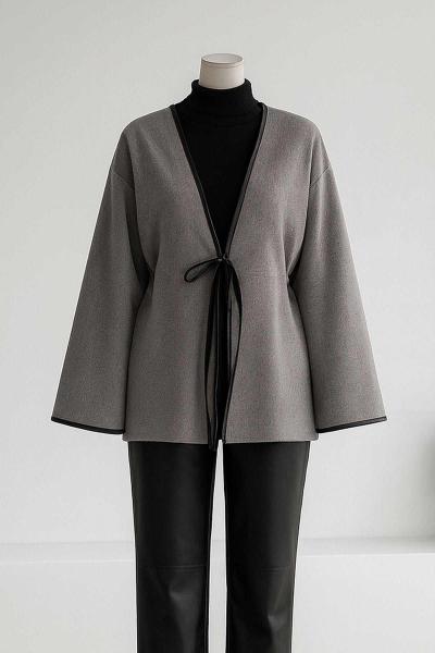 Deri Biyeli Tek Bağlamalı Selanik Ceket Gri