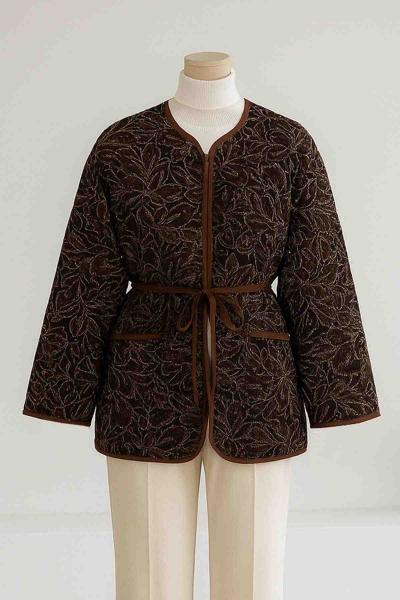 Yaprak Desenli Biyeli Kuşaklı Ceket Kahve