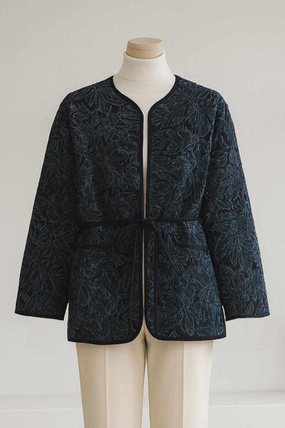 Yaprak Desenli Biyeli Kuşaklı Ceket Saks