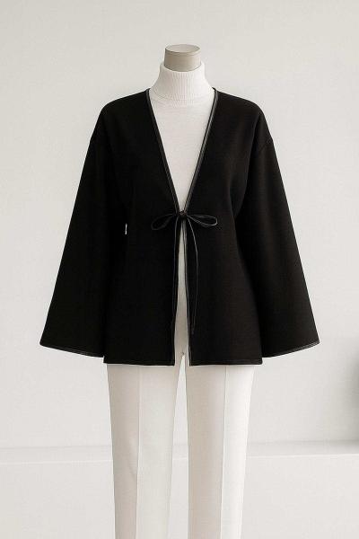 Deri Biyeli Tek Bağlamalı Selanik Ceket Siyah