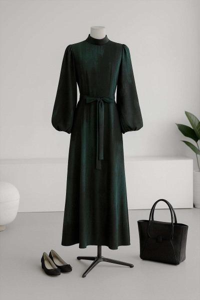 Balon Kollu Kuşaklı Desenli Elbise Zümrüt