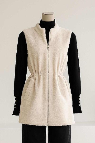 Fermuarlı Çift Cepli Beli Lastikli Buklet Yelek Açık Bej