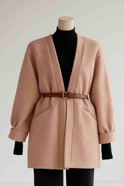 Çapraz Dikişli Düğmesiz Kemerli Oversıze Buklet Ceket Camel