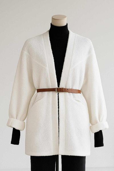 Çapraz Dikişli Düğmesiz Kemerli Oversıze Buklet Ceket Ekru