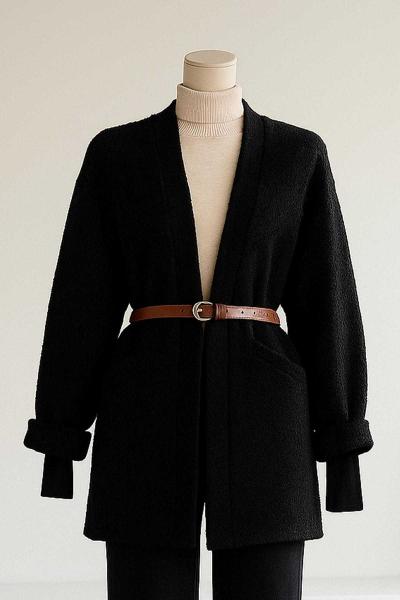 Çapraz Dikişli Düğmesiz Kemerli Oversıze Buklet Ceket Siyah