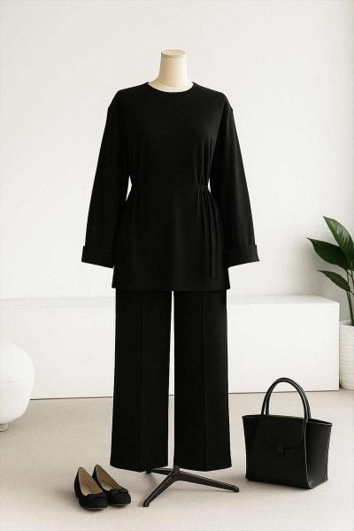 Önü V Bağlamalı Tünelli Pantolonlu Oysho Takım Siyah