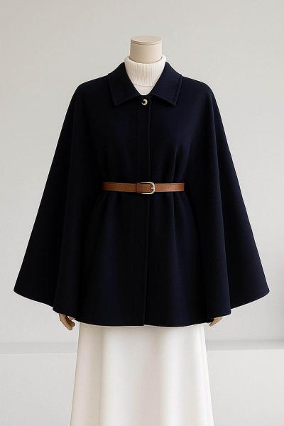 Deri Kemerli Oversıze Kaşe Panço Lacivert