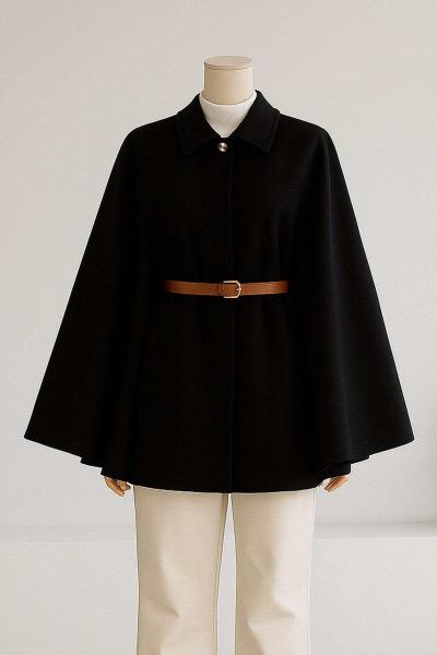 Deri Kemerli Oversıze Kaşe Panço Siyah