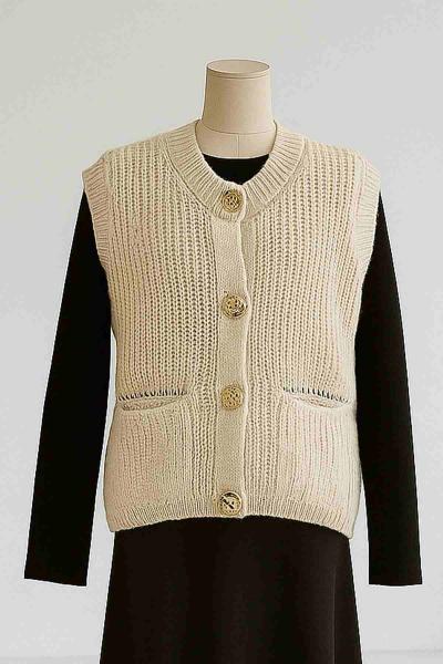 Çift Cepli Sarı Düğmeli Selanik Triko Yelek Taş