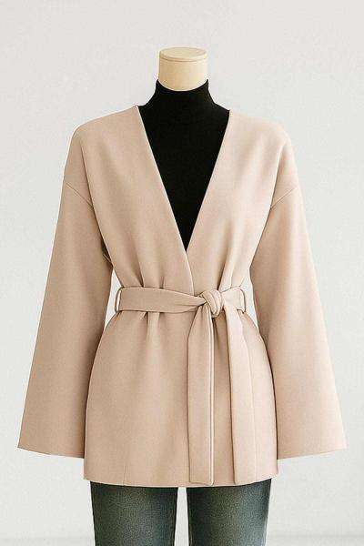 Yakasız Kuşaklı Oversıze Kaşe Ceket Bej
