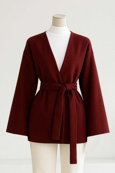 Yakasız Kuşaklı Oversıze Kaşe Ceket Bordo