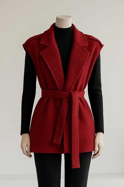 Apoletli Kuşaklı Buklet Yelek Bordo