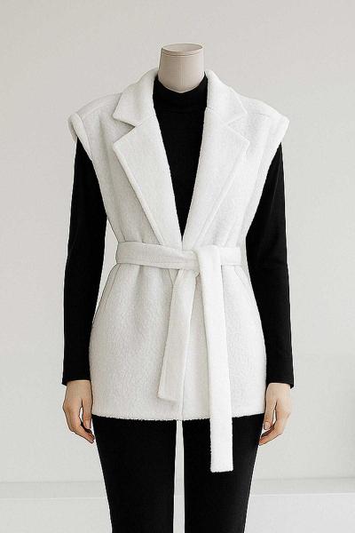 Apoletli Kuşaklı Buklet Yelek Ekru